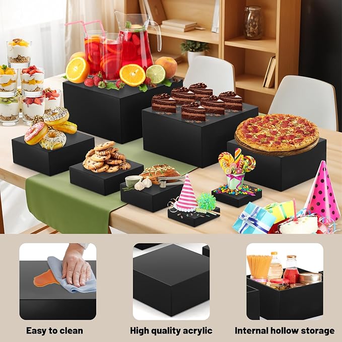 8 Pcs Buffet Food Risers, Large Acrylic Dessert Cupcake Table Stands Fruit Display Shelf Catering Supply Party Jewelry Show Decor Risers Cube Box Nesting Black （11",10", 8", 7",6",5",4", 4"
