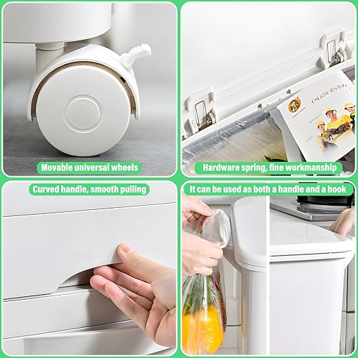 42L Kitchen Trash Can, Large Three-Layer Dual Trash and Recycling Bins, Vertical Dry and Wet Separation Waste Sorting Bins with Wheels for Kitchen, Bedroom, Livingroom, White (Without Bucket)