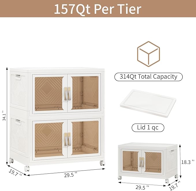 Large Clear Stackable Storage Bins with Lids, 314QT-157QT*2Tier Foldable Cabinet for Closet Organizers, Plastic Storage Box with Wheels White