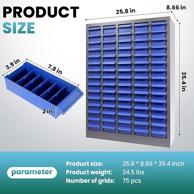 75 Drawers Parts Cabinet for Nuts, Bolts, Screws, Nut and Bolt Organizer with ABS Material Drawer, Bolt Bin Tool Storage Cabinet in Workshop, Garage, Office (75 Drawers)