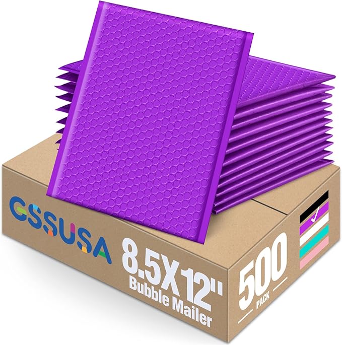 GSSUSA Purple Bubble Mailers 8.5X12 Inches 500 Pack, Padded Poly Bubble Mailer, Large padded Envelopes Strong Adhesion Bubble Envelopes,Self-Seal Mailing Envelopes for Small Business,Package Supplies