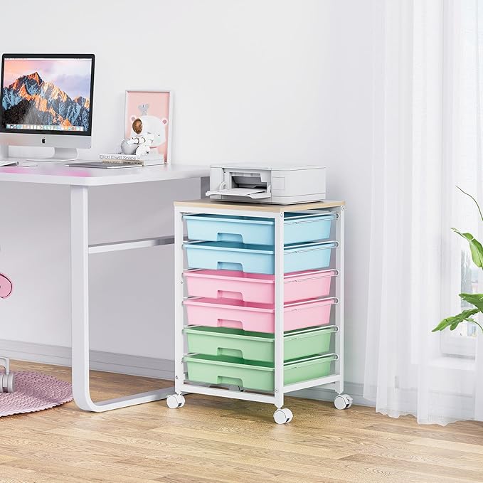 Rolling Cart with Drawers,Utility Cart with 6 Drawers,Rolling Storage Cart with Drawers and Wooden Tabletop & Lockable Wheel,Colorful