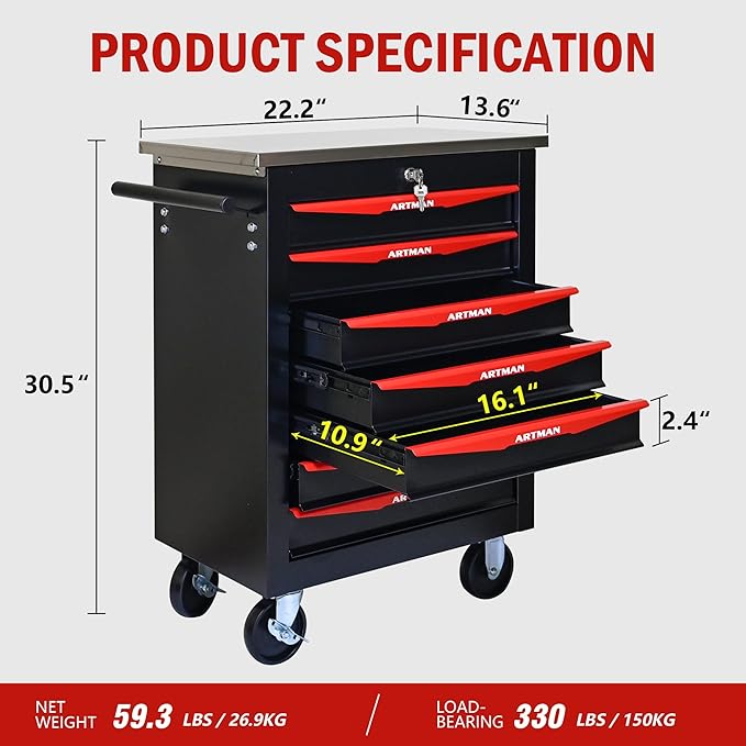 7 Drawers Tool Cart on Wheels with Stainless Steel Worktop, Heavy Duty Mobile Rolling Drawer Tool Chest with Locking Wheels & Lockable Drawers, Garage Tool Storage Cabinet (Black, 7 Drawers)