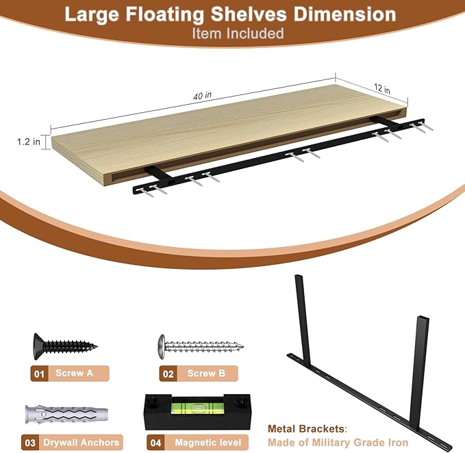 12 Inch Deep Floating Shelves for Wall 3 Pack Floating Shelfs Large Storage Space Wall Decor Display Shelf for Bathroom Living Room Bedroom Kitchen 40" W x 12" D x 1.2" H Natural Wood