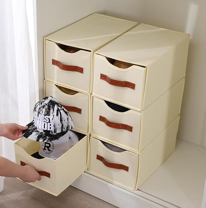 4 Pack Stackable Storage Drawers, Fabric Closet Organizers and Storage with Handles and Clear Window, Pull-Out Clothes Storage Bins with Drawer for Closet, Bedroom, Living Room, Under Bed, Beige