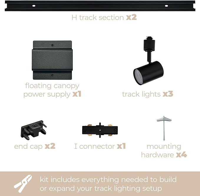 Amped Collection 3-Light 48in Field Cuttable LED Track Lighting Kit with 3 LED 3000K Warm White Track Heads, 4ft Track, End Caps, Floating Feed in Black Finish