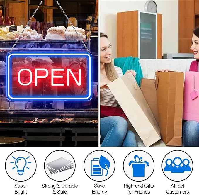 inShareplus 16"x 9" Super Bright Open Sign,12V LED Neon Open Signs for Business for Window, with ON/OFF Switch, Electric Light up Signs for Stores, Restaurants Retail Shops (Blue-Red-Horizontal)
