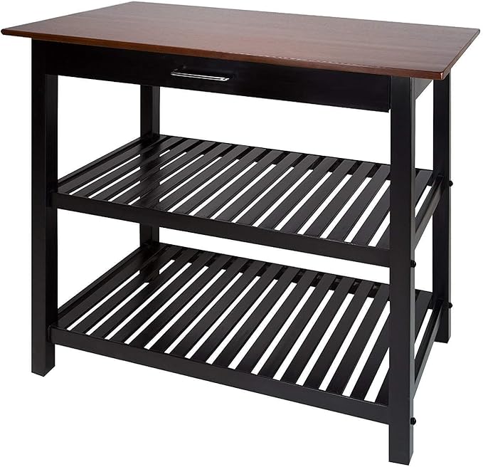 Island Oasis Solid Wood Kitchen Island with Drawer, Stainless Steel Towel Bar and Open Storage Multi-Purpose Prep Table for Home Kitchens Walnut and Black