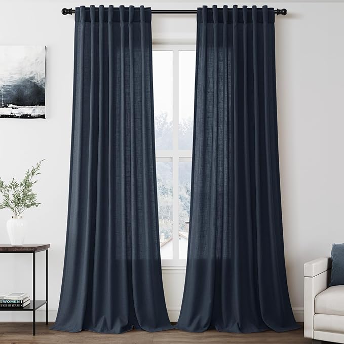 Vintage Blue Linen Curtains 90 Inch Long 2 Panels Set for Bedroom Living Room Vintage Blue Soft Linen Textured Window Drapes Semi Sheer Light Filtering Rod Pocket Back Tab Farmhouse Curtain 52x90