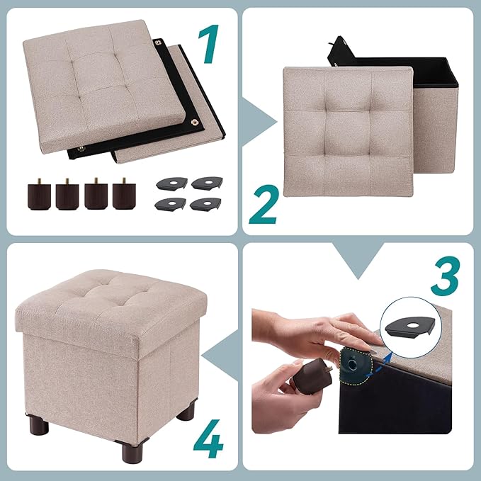 BRIAN & DANY Small Ottoman with Storage, Small Storage Ottoman, Folding Foot Stool with Wood Legs for Living Room and Bedroom Linen Rest Seat, 12.6"x12.6"x12.8" - Beige