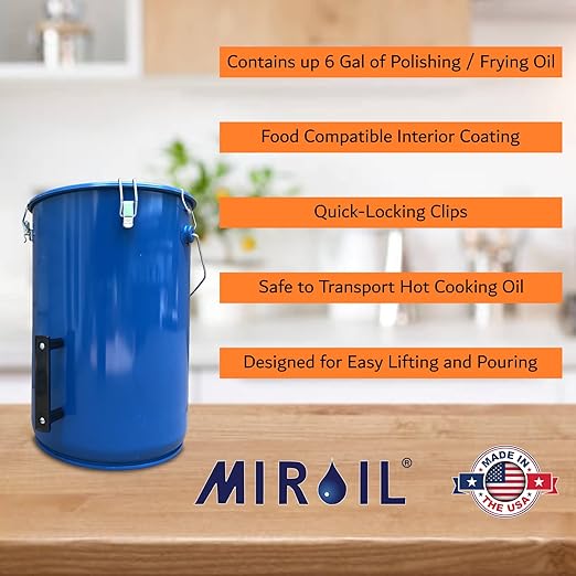 MirOil 6 Gallon Blue Oil Grease Bucket & Filter Pot – Steel Fryer Container w/Lid Lock & Clip, Food Grade Interior Coating - Hot Grease Collection Pot for Disposal Under Drain Valves – Model #30L