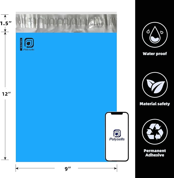 POLYSELLS 200 pcs 9x12 Inches Blue Poly Mailers Shipping Envelopes, Strong Adhesive Sealing, Waterproof, and Tear-resistant Postal Mailing Bags for Small Business, Clothes, Non-Fragile Items