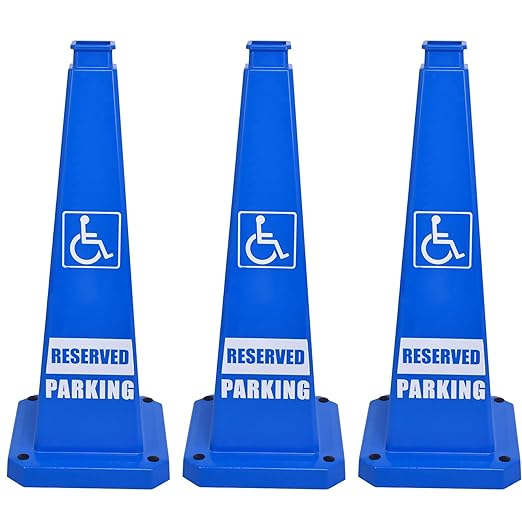 OrangeStar 3-Pack 28" Reserved Parking Cones, Large 4-Sided Message Safety Traffic Cones with Heavy Rubber Base for Indoor Outdoor Use, Parking Lot Control, Driveway Barriers, Blue
