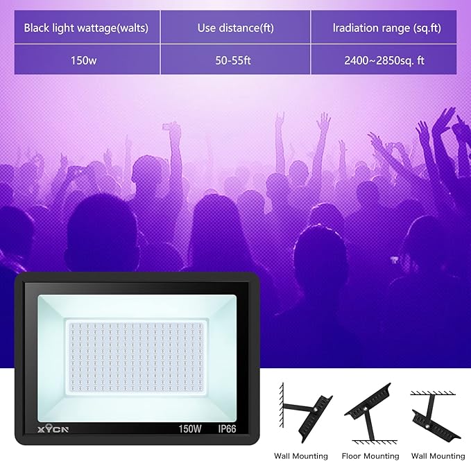 4 Pack 150W LED Flood Black Lights,395nm to 405nm UV Outdoor Flood High Power Blacklight Light with Plug in, IP66 Waterproof Large Black Light Spotlight for Glow Party Large Space, Halloween