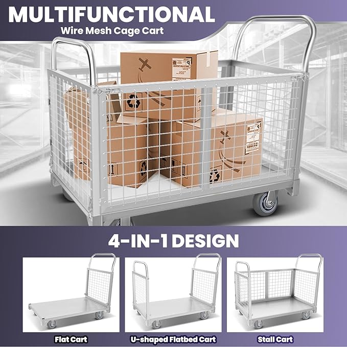 Platform Truck Cart, 4 in 1 Foldable Push Cart with Cage 2200 LBS, Hand Dolly Truck for Grocery Cart on Wheels, Laundry, Storage