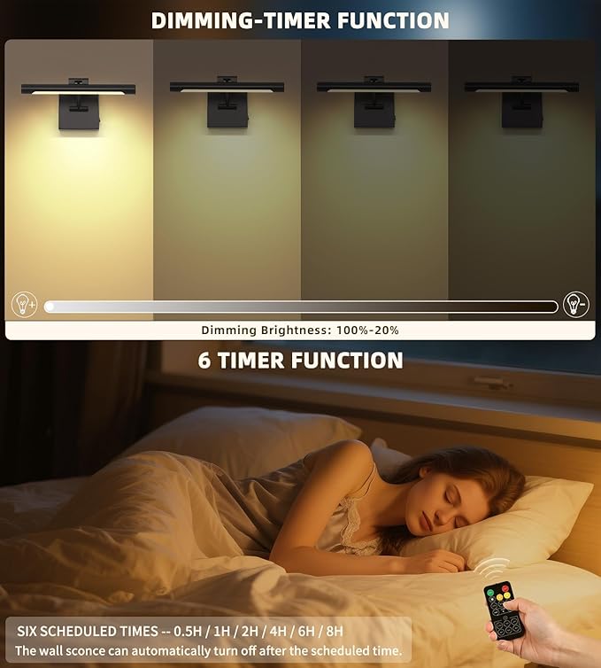 Joosenhouse Battery Operated Picture Light (2-Pack), 5000mAh Rechargeable Wall Light, Wireless Art Display Light with Remote Timer and Dimmer, 12.6-Inch Black Painting Light