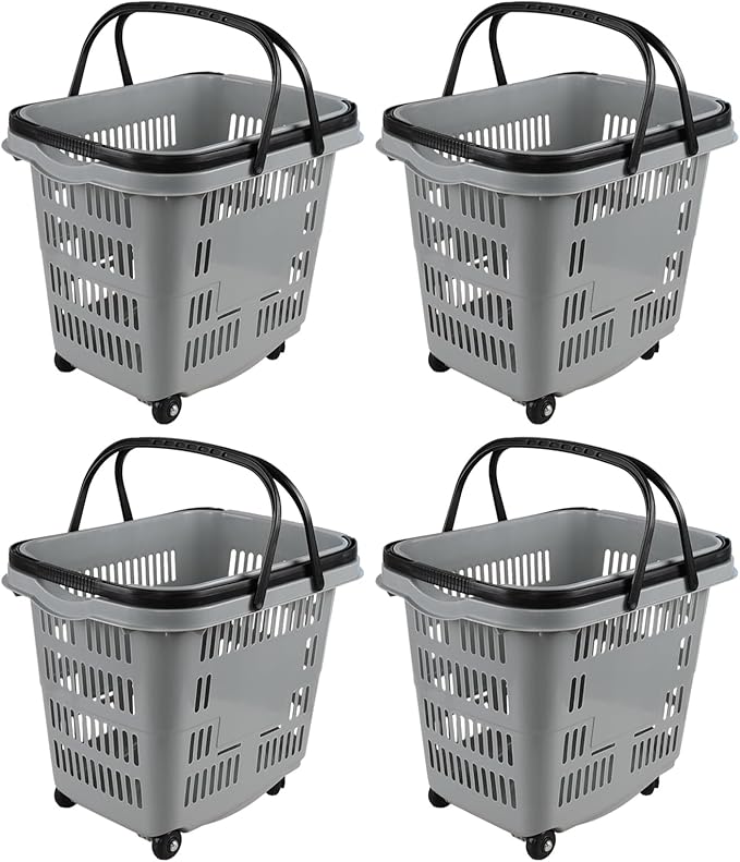 4-Pack Large Wheeled Shopping Basket with Carry Handle, 50 L Plastic Grocery Shopping Basket Gray