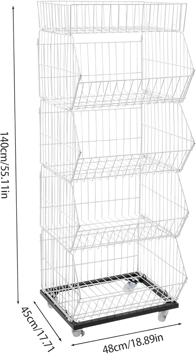 5 Tier Retail Display Rack, Rolling Storage Rack 5 Layers 18.9*17.72*55.12in Metal Display Shelf Fruit Vegetable Snack Basket Storage Supplies for Home Store Market (White, 48*45*140cm)