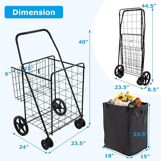 Goplus Folding Shopping Cart for Groceries, Upgraded Jumbo Grocery Cart with Waterproof Liner, 32 Gallon Capacity, 360° Rolling Swivel Wheels and Double Basket, Heavy Duty Foldable Utility Cart