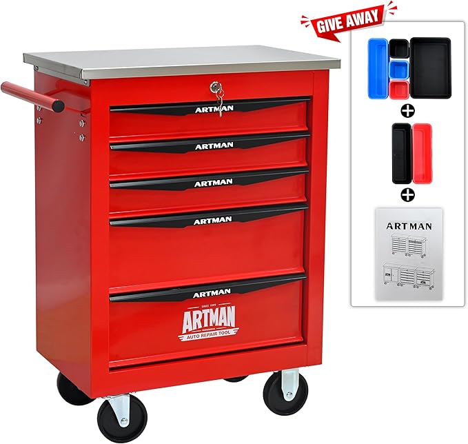 5 Drawer Rolling Tool Chest with Locker, 22.2" D Metal Movable Lockable Tool Cart Box Multi-Functional Hardware Storage Cabinet Box for Warehouse Basement Home Pantry Garage
