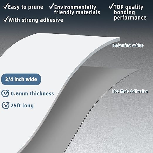 White Edge Banding, 3/4 inch x 25ft roll of Veneer Melamine Edge Banding Pre-glued, Real Wood Tape Banding for Cabinet Repair Plywood