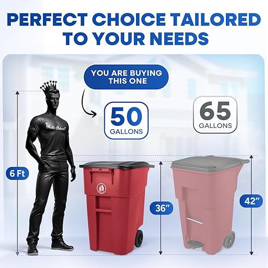 50 Gallon Trash Can, Red Outdoor Garbage Can, Wheeled Outside Trash Bin, Outdoor with Lid and Wheels, Large Rolling Trash Can, Garbage Can with Wheels for Home, Office, Garage