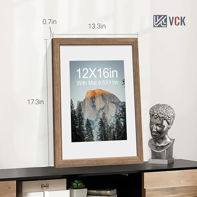 VCK 12x16 Picture Frame 5 Pack - Walnut, High-End Wood Poster Frames with Tempered Glass, Display 8.5x11 Photo with Mat or 12x16 without Mat, Art Gallery-Quality, Wall Hanging, Walnut