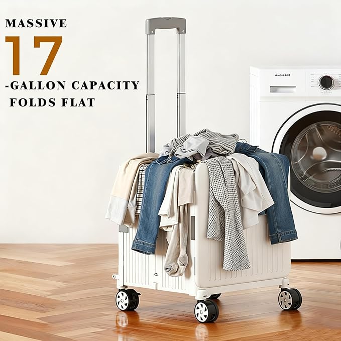 Foldable Laundry Basket with Wheels & Pull Handle - 65L Large Capacity Durable Plastic Hamper, Versatile All-in-One Organizer for Laundry, Toys, Camping & Shopping (White)
