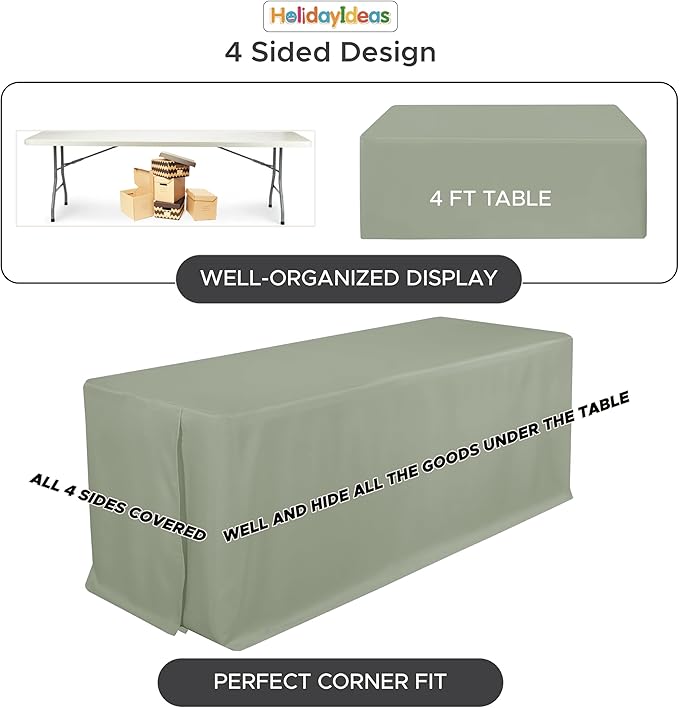HolidayIdeas Fitted Tablecloths for 8 Foot Rectangle Table, Wrinkle Resistant Washable Table Cover 30x96 Inch for Vendor Booth Display, Banquet, Trade Show, Sage Green, 4 Pcs