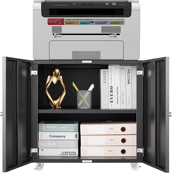 Metal Printer Stand with Storage, Heavy Duty 3D Printer Cabinet on Wheels for Home Office, Table for Printers with Adjustable Shelf Under Desk File Storage Black 23.6''H