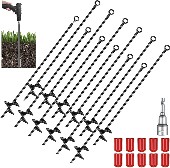 Lasnten 12 Pcs 30 Inch Heavy Duty Ground Anchor Spiral Blade Earth Anchor Kit Metal Anchor Hook Beach Sand Stakes Camping for Securing Animals, Shelters, Tents, Canopies (Black)