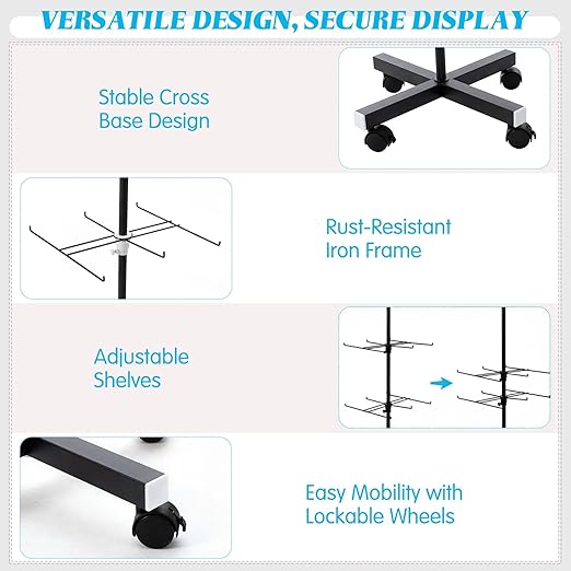 Ripeng 1 Pcs 5‑Tier Retail Display Stand – Rotating Display Rack with Wheels for Jewelry Keychains Socks Hats – Adjustable Movable Shop Spinner for Craft Shows Vendor Events & Stores Accessories,Black