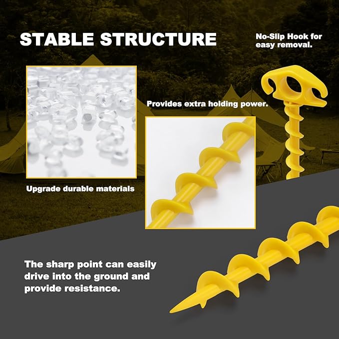 Tent Stakes Ground Anchors Screw in, 6 Pack Sand Stakes for Beach 9.4 Inch Heavy Duty Spiral Tent Pegs for Camping, Party, Hiking, Outdoor Decoration (6, Yellow)
