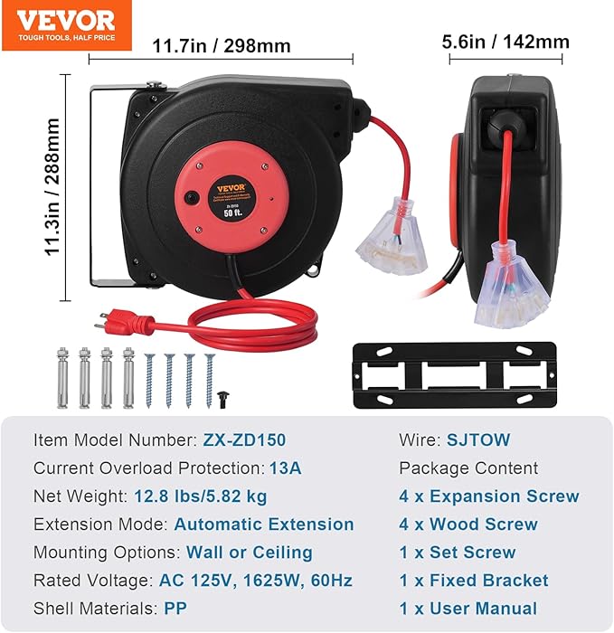 VEVOR Retractable Extension Cord Reel, 50 FT, Heavy Duty 14AWG/3C SJTOW Extension Power Cord with Lighted Triple Tap Outlet, 13A Circuit Breaker 180° Swivel Bracket for Ceiling or Wall Mount, Red