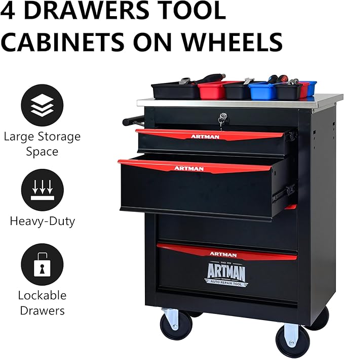 4 Drawer Rolling Tool Chest with Locker, 22.2" D Metal Movable Lockable Tool Cart Box Multi-Functional Hardware Storage Cabinet Box for Warehouse Basement Home Pantry Garage