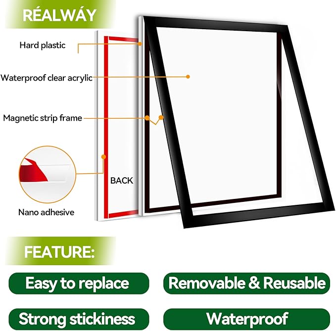 8.5" x 11" Acrylic Sign Holder Wall Mount, Plastic Magnetic Display Frame With Tape,Clear Plexiglass Self-adhesive Plastic Display Frame, Door/Window Sign Holder 6 pack No Drilling