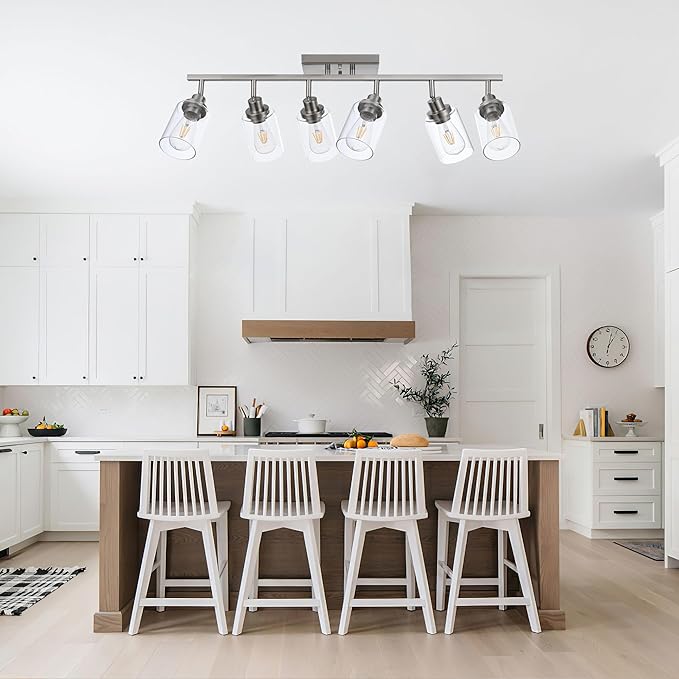 6 Light Track Lighting Kit Brushed Nickel Kitchen Track Lighting Fixtures Ceiling Mount Bathroom Vanity Wall Scones Light Fixture with Clear Glass, Rotatable Spotlight for Kitchen Shop Hallway