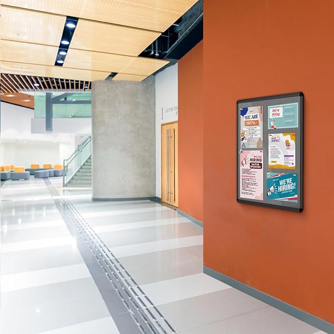 Enclosed Bulletin Board 36x24 in, Lockable Felt Board Bulletin Board for Office School Home Commercial, Tamperproof and Shatter Resistant, Black Aluminum Frame, Grey Felt