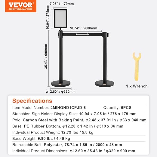 VEVOR Crowd Control Stanchions, 6-Pack Crowd Control Barriers, Carbon Steel Baking Painted Stanchion Queue Post with Sign Holder & 3PCS 6.5FT Retractable Belt, Belt Barrier Line Divider, Easy Assembly