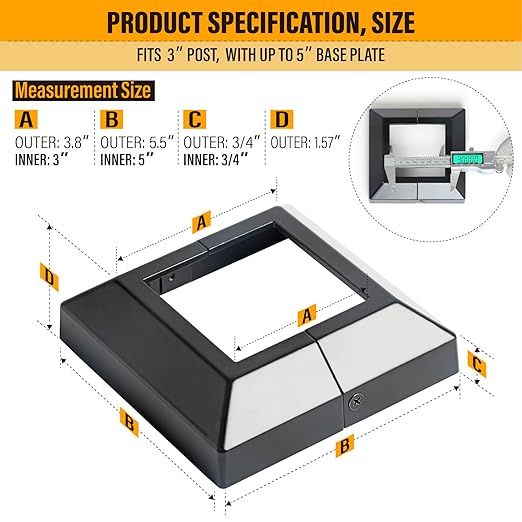 3.0"x3.0"（Actual: 3.0"x3.0"） Deck Post Base Cover Decorative Post Base Trim Skirt Black Aluminum 8Pack