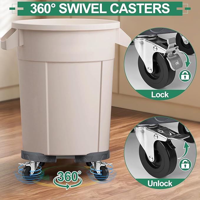 ToLanbbt Trash Can Dollies with 3 in Upgraded Wheels, 15-19 in Adjustable Round Furniture Dollies Heavy Duty 480 LBS Drum Rolling Base, Keg Carts for 20, 32, 44, 55 Gallon Garbage Cans, Gray, 2 PCS