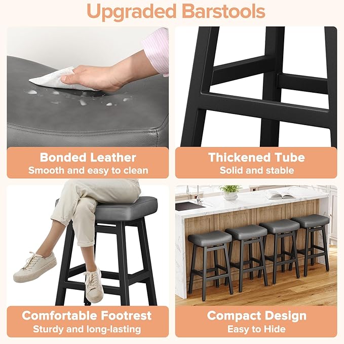 29 Inches Bar Stools Set of 2, Bar Height Barstools for Home Counter, Blackless Barstool with Bonded Leather Saddle Seats & Heavy Duty Metal Legs, Easy Assembly, Gray/Black