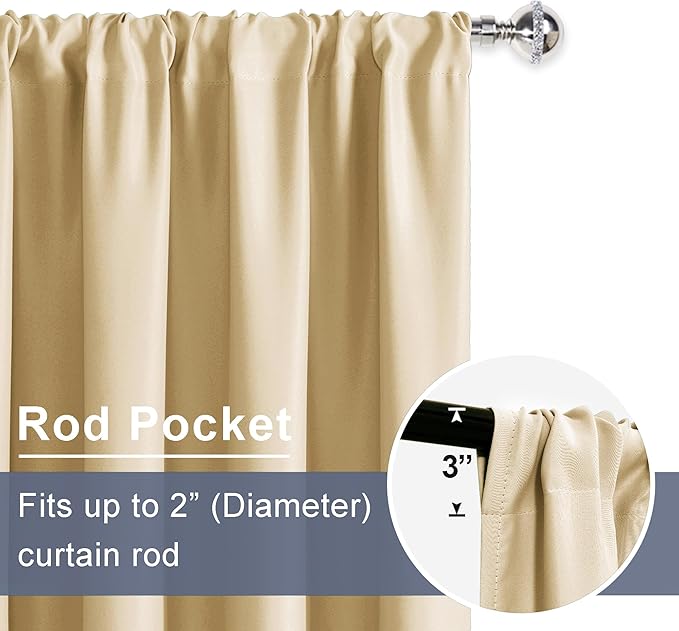 JIUZHEN Blackout Curtains for Bedroom - Thermal Insulated Noise Reducing Privacy Short Curtain for Living Room, Set of 2 Panels with Tiebacks, 42 x 45 inches Long,Light Beige