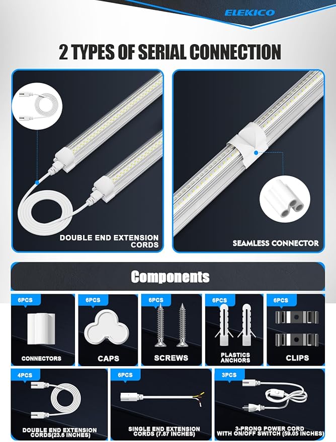 6 Pack 50w 4ft Led Shop Light, Super Bright 7500lm 5000k V Shape 4' Led Shop Lights, Linkable 4 Foot Led Shop Lights for Garage Warehouse, Supermarket, Basement, Barn, Storage Area