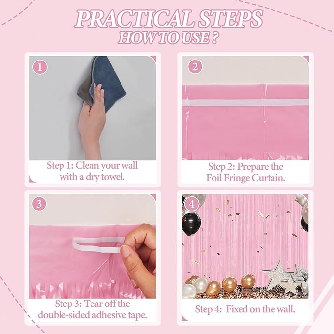 3 Pack Foil Fringe Backdrop - Shiny Tinsel Curtains for Party Decoration/Photo Booth Props - 3.3x8.2 FT Metallic Foil Backdrop for Birthday, Wedding, Graduation, Christmas-Pastel Pink