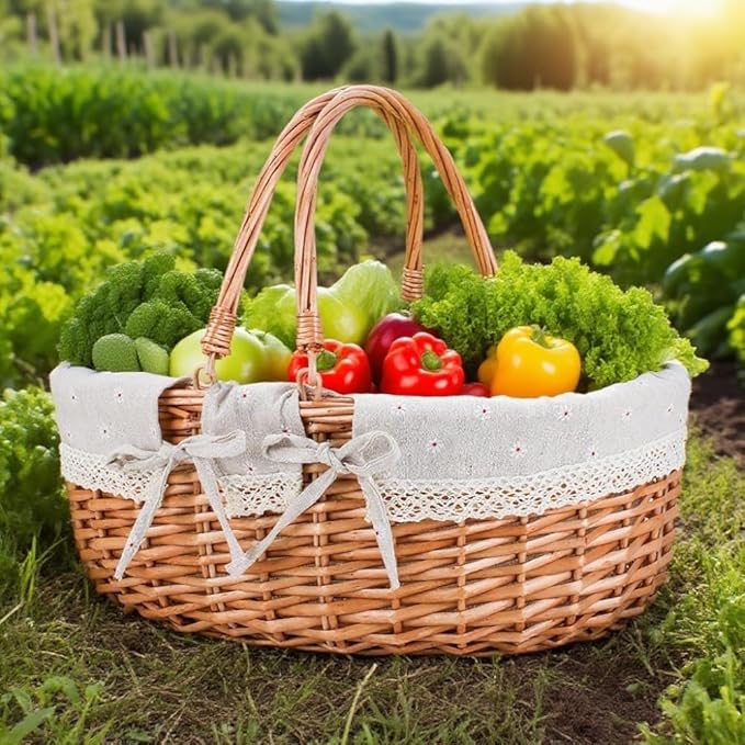 Large Wicker Picnic Basket with Handles,Handle Sturdy Woven Body with Removable and Washable Lining,Outdoor Camping,Gift Packing,Garden Picking, Storage.White Flower