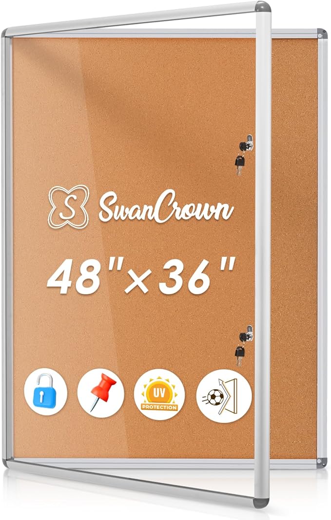 SWANCROWN Enclosed Bulletin Board 48x36 in, Tamperproof Lockable Cork Board Wall Display Case with 2 Locks for Office School Home, Aluminum Frame