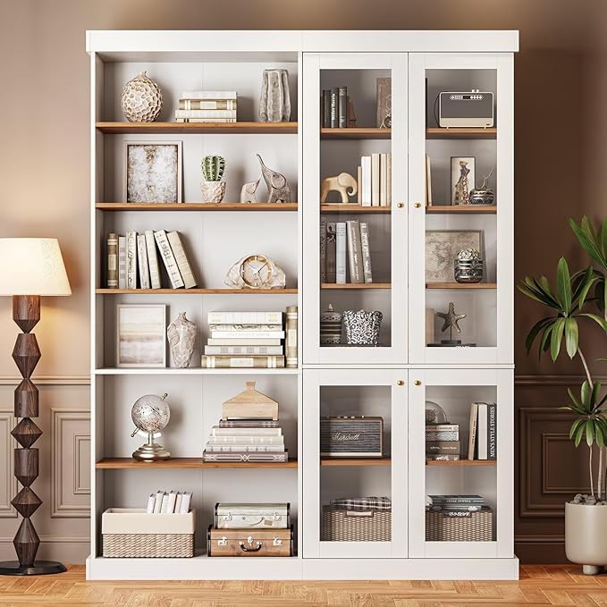 Vyre 70.8" Tall Farmhouse Bookshelf with Glass Doors, Modular Bookcase with 6-Tier Adjustable Shelves, Large Storage Cabinet for Kitchen, Living Room, White, Set of 3