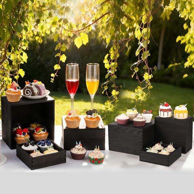 3 Pack Wood Cake Cupcake Stand Buffet Risers, Wooden Display Stand Wood Display Riser, Square Food Display Risers for Party Wedding Birthday Home (6" 7" 8")