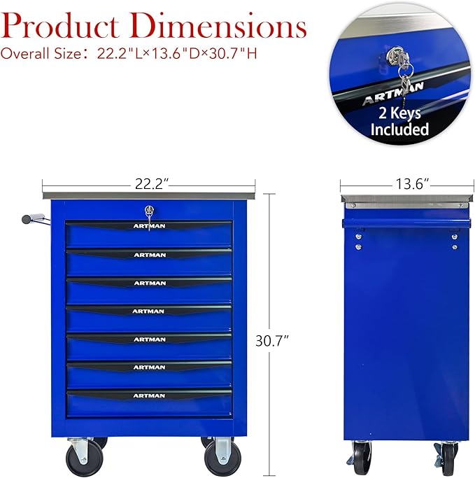 7 Drawer Rolling Tool Chest with Locker, 22.2" D Metal Movable Lockable Tool Cart Box Multi-Functional Hardware Storage Cabinet Box for Warehouse Basement Home Pantry Garage